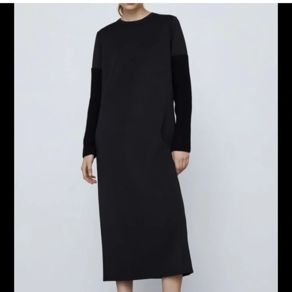 ZARA Black Long Sleeve Tricot Trimmed Dress Size Small Sweater Sleeve - Picture 1 of 6
